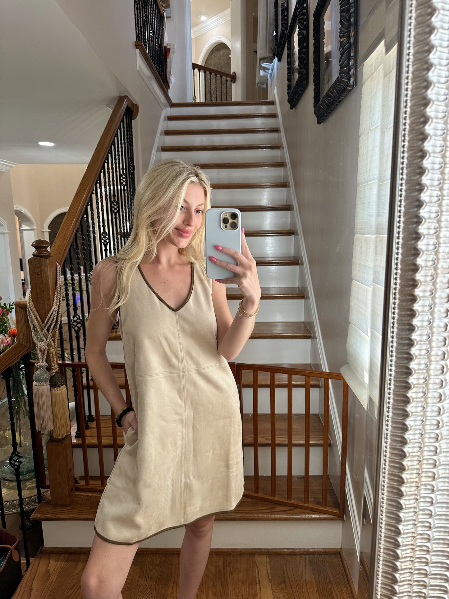 V-neck Suede Shift Dress