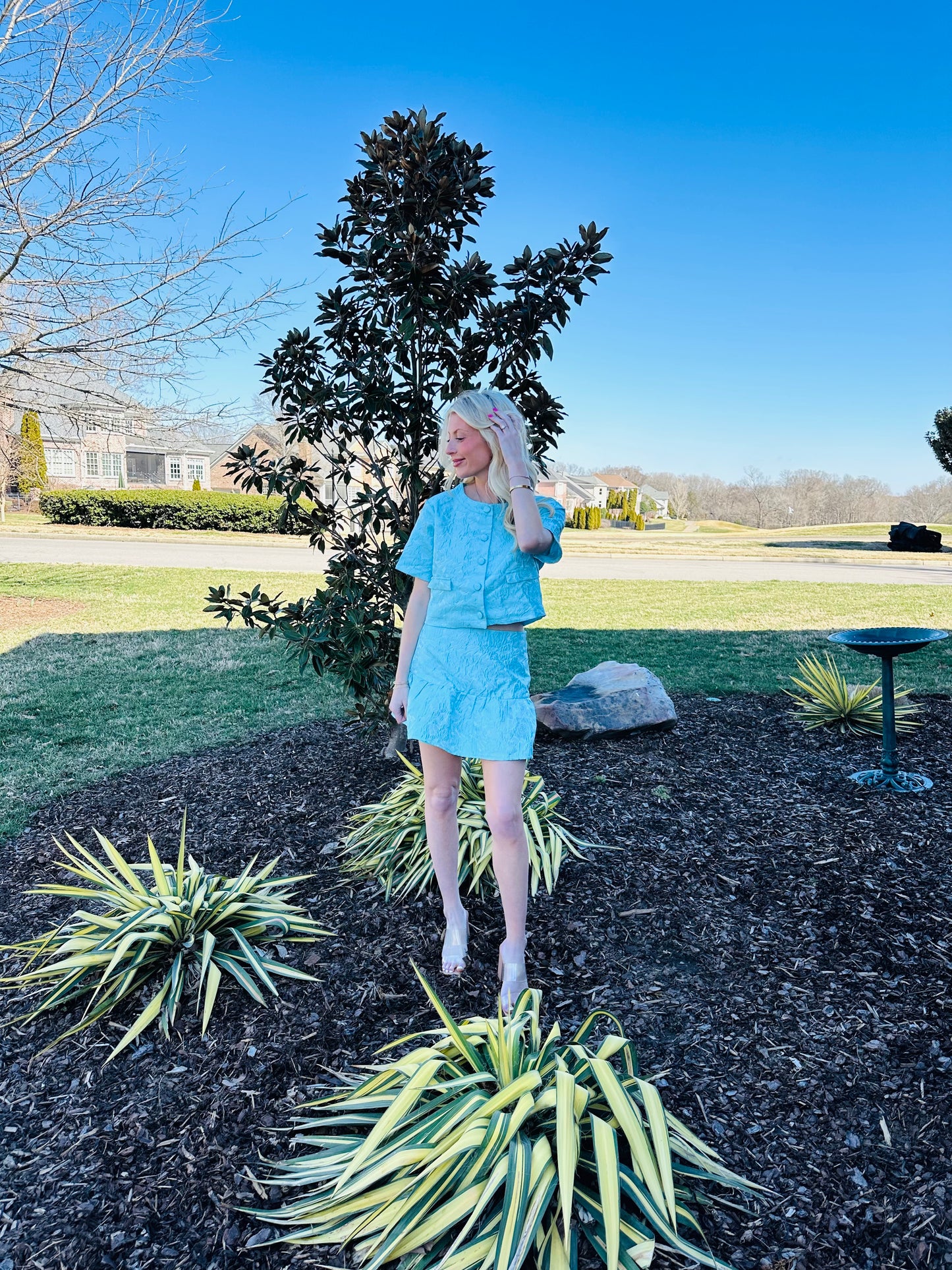 Blue Floral Boxy Button Down Cropped Top