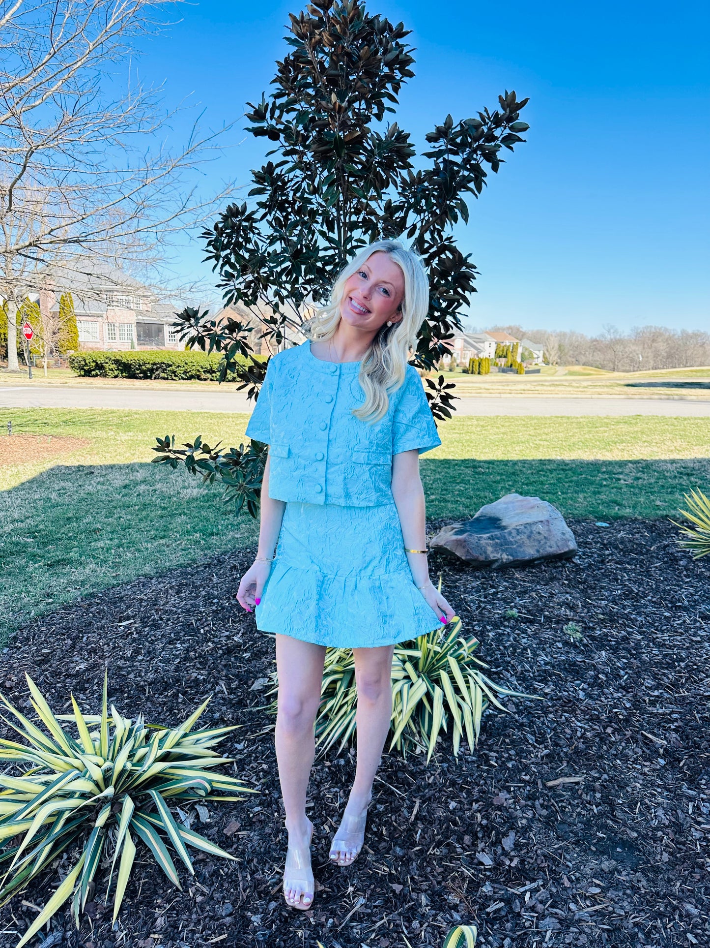 Blue Floral Drop Waist Mini Skirt