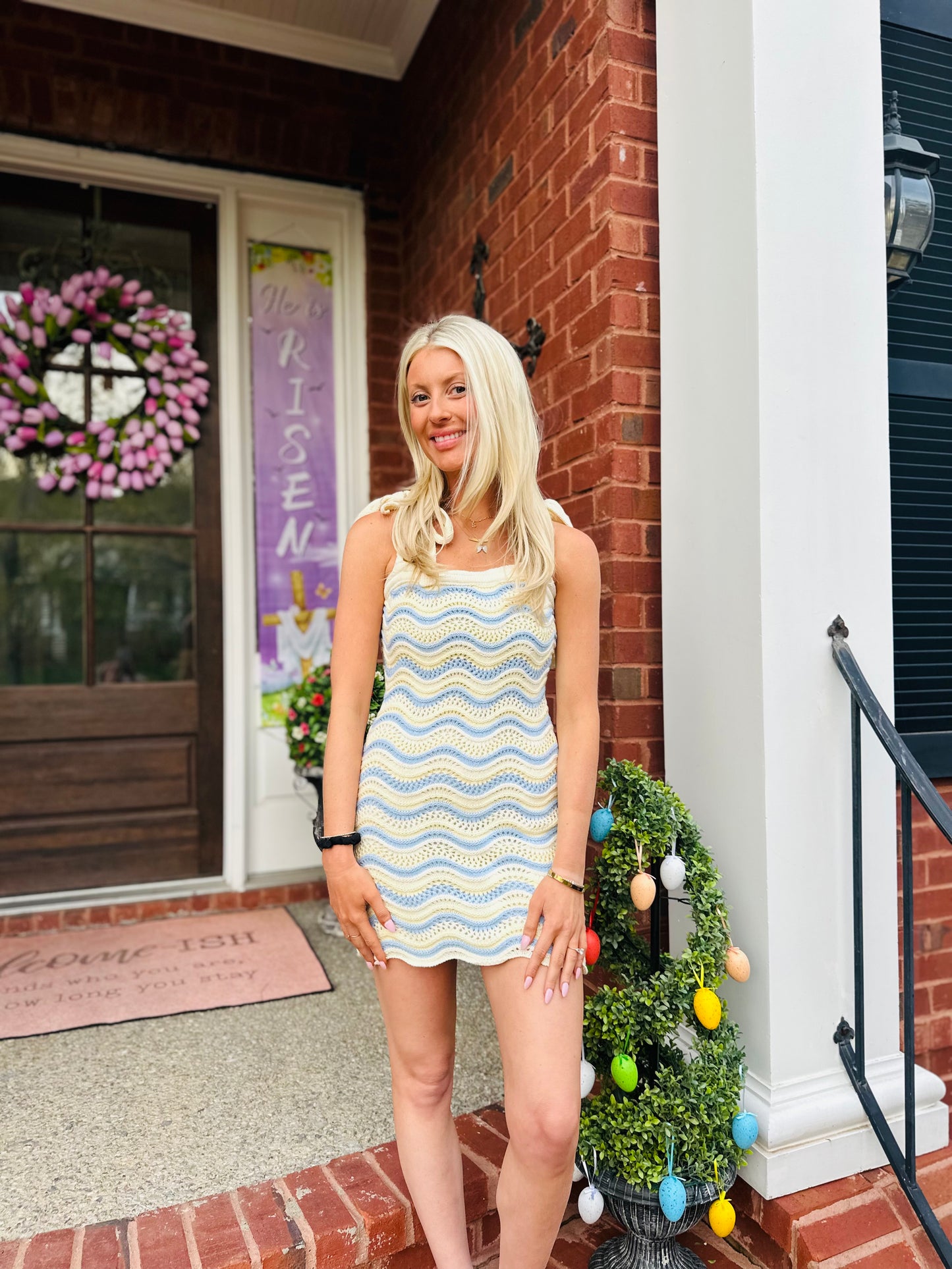 Cream & Blue Knit Sweater Dress