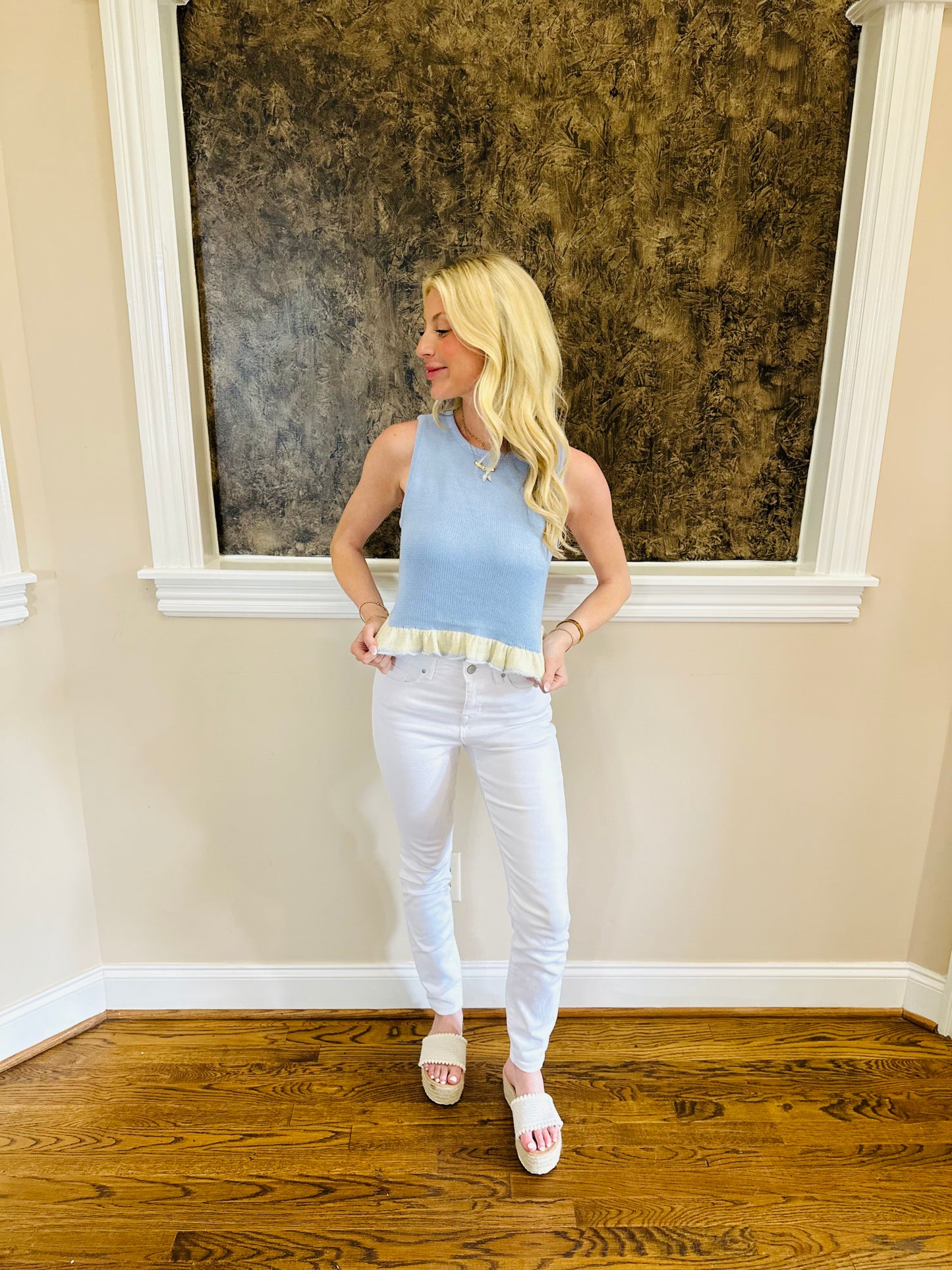 Baby Blue & White Ruffled Tank