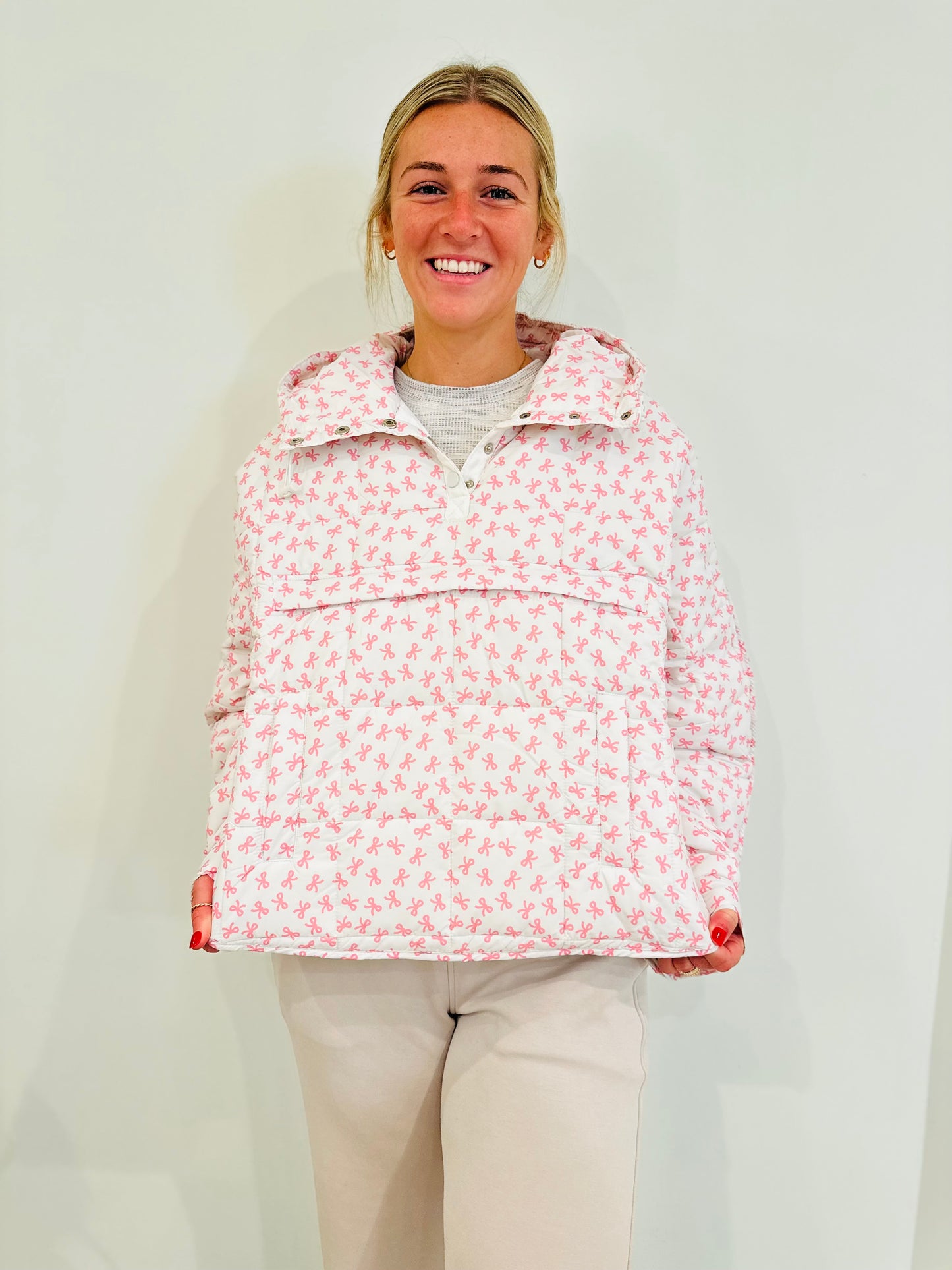 Bow Print Pullover Puffer Jacket