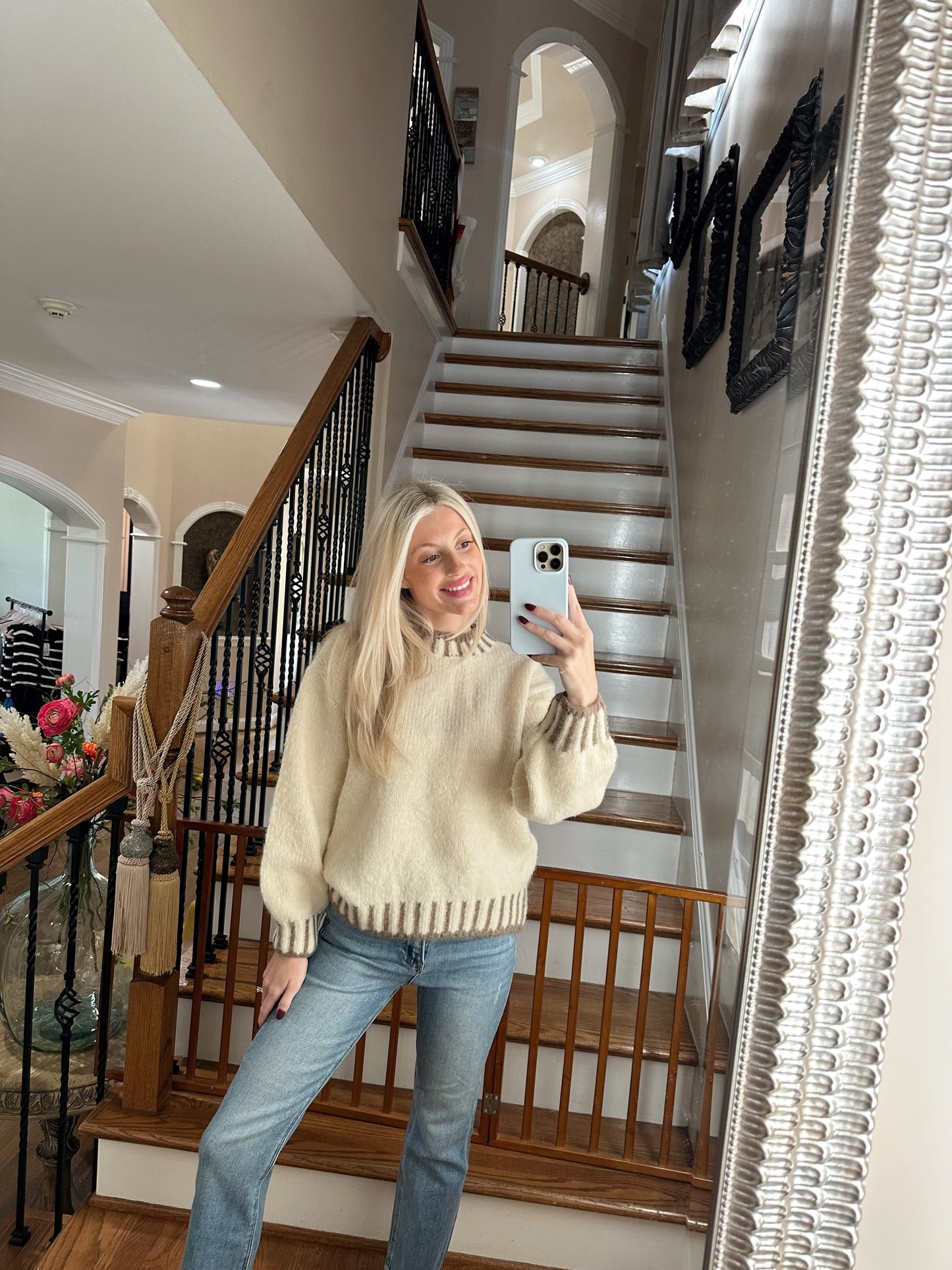 Edge Embroidered Two Tone Sweater