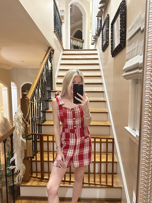 Red Plaid Square Neck Romper