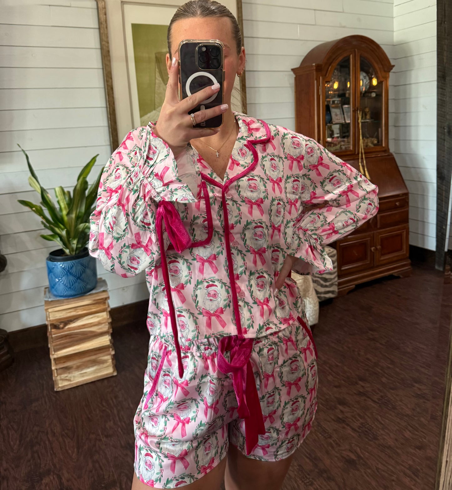 Satin Santa & Bow Print PJ Set