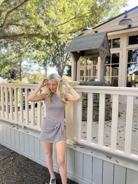 Brown Gingham Wrap Tie Dress