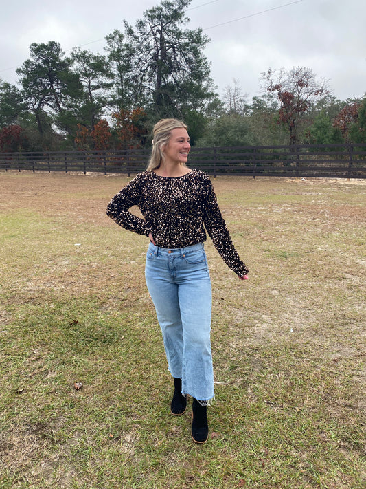 Black Sequin Long Sleeve Cutout Top