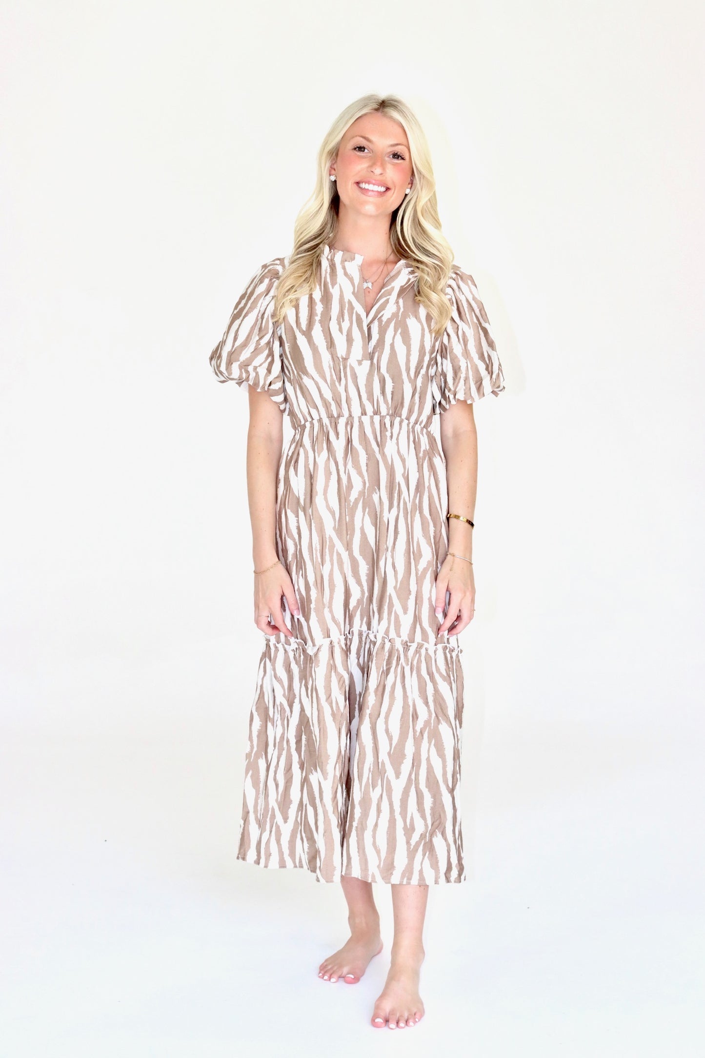 Brown and White Pattern Maxi Dress