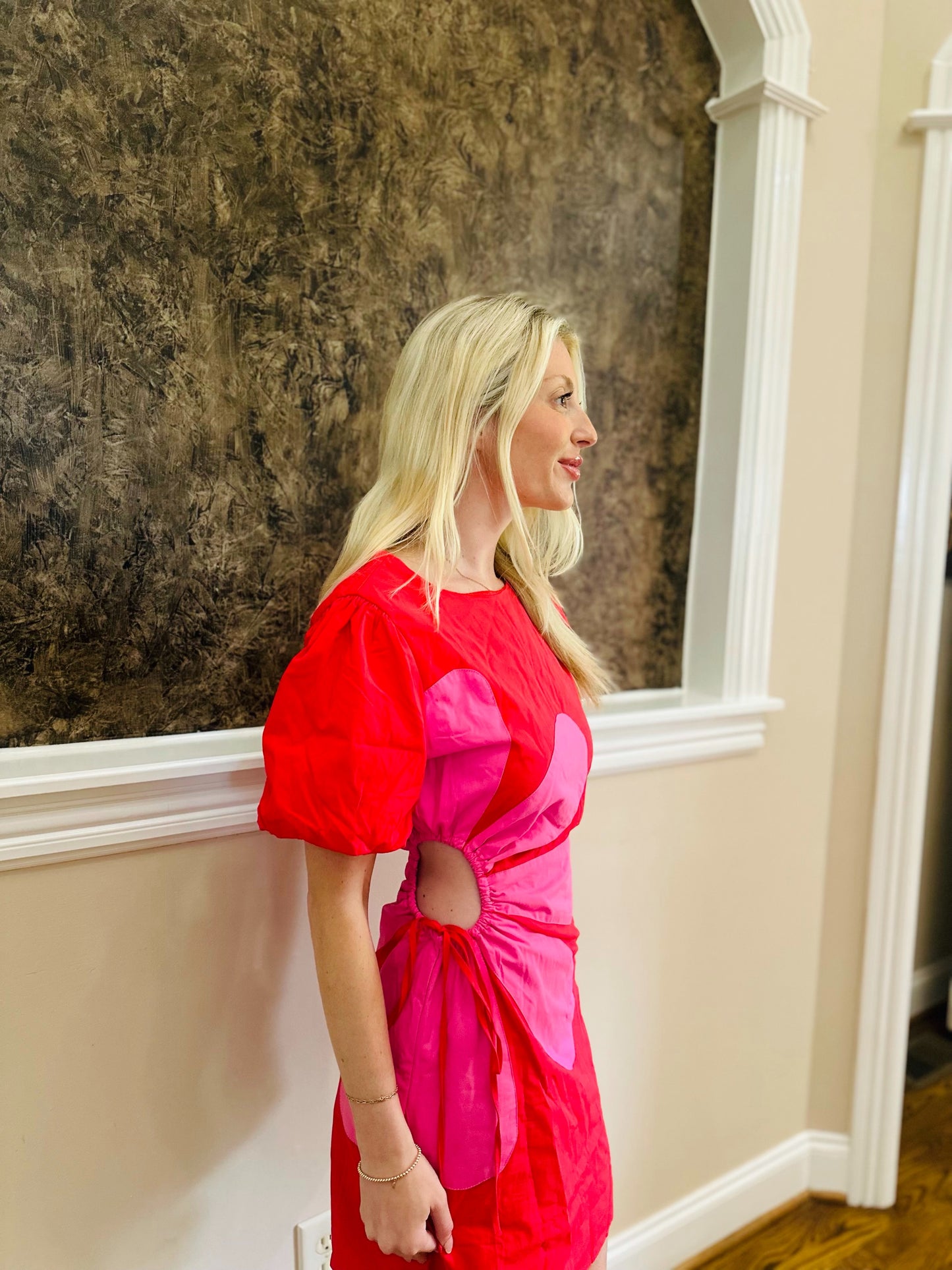 Red and Pink Floral Cutout Mini Dress